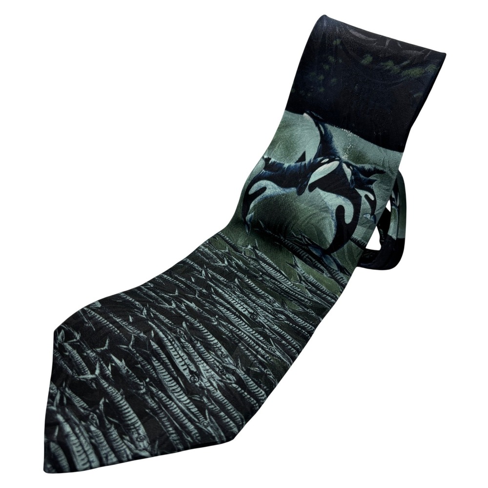 Endangered Species Tie Navy Orca Barracuda Fish Silk Made USA Ocean Beach Nature